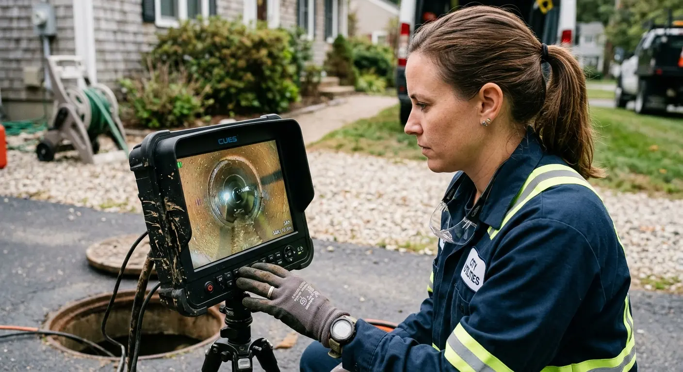 Technician reviewing sewer camera inspection footage in Cocoa West