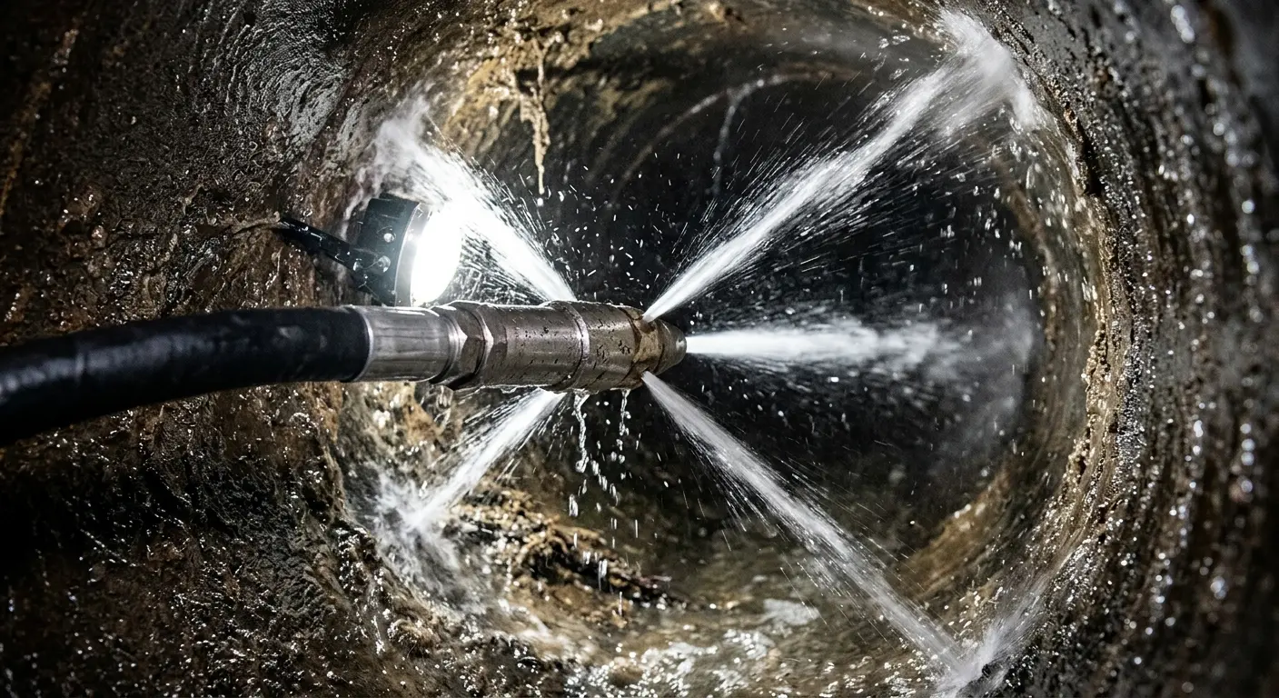High-pressure hydro jetting nozzle cleaning sewer pipe for Sewer Cleanout in Cocoa West