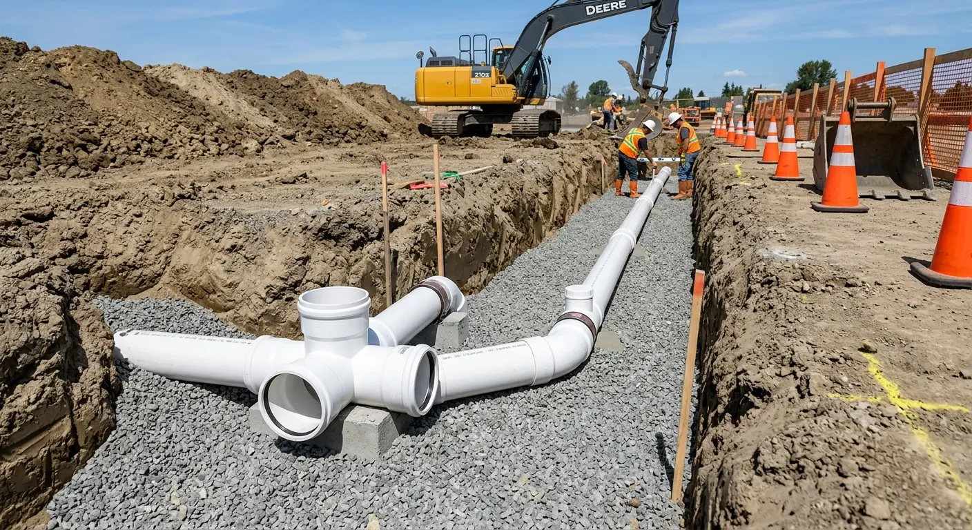 New PVC sewer pipe installation in open trench for Grease Trap Cleaning in Cocoa West