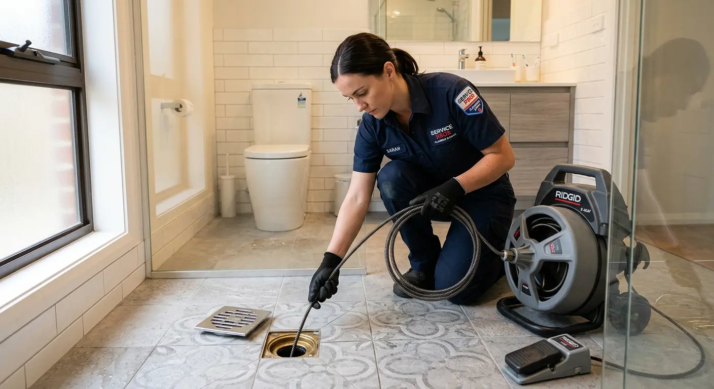 Technician clearing a bathroom floor drain for Hydro Jetting in Cocoa West